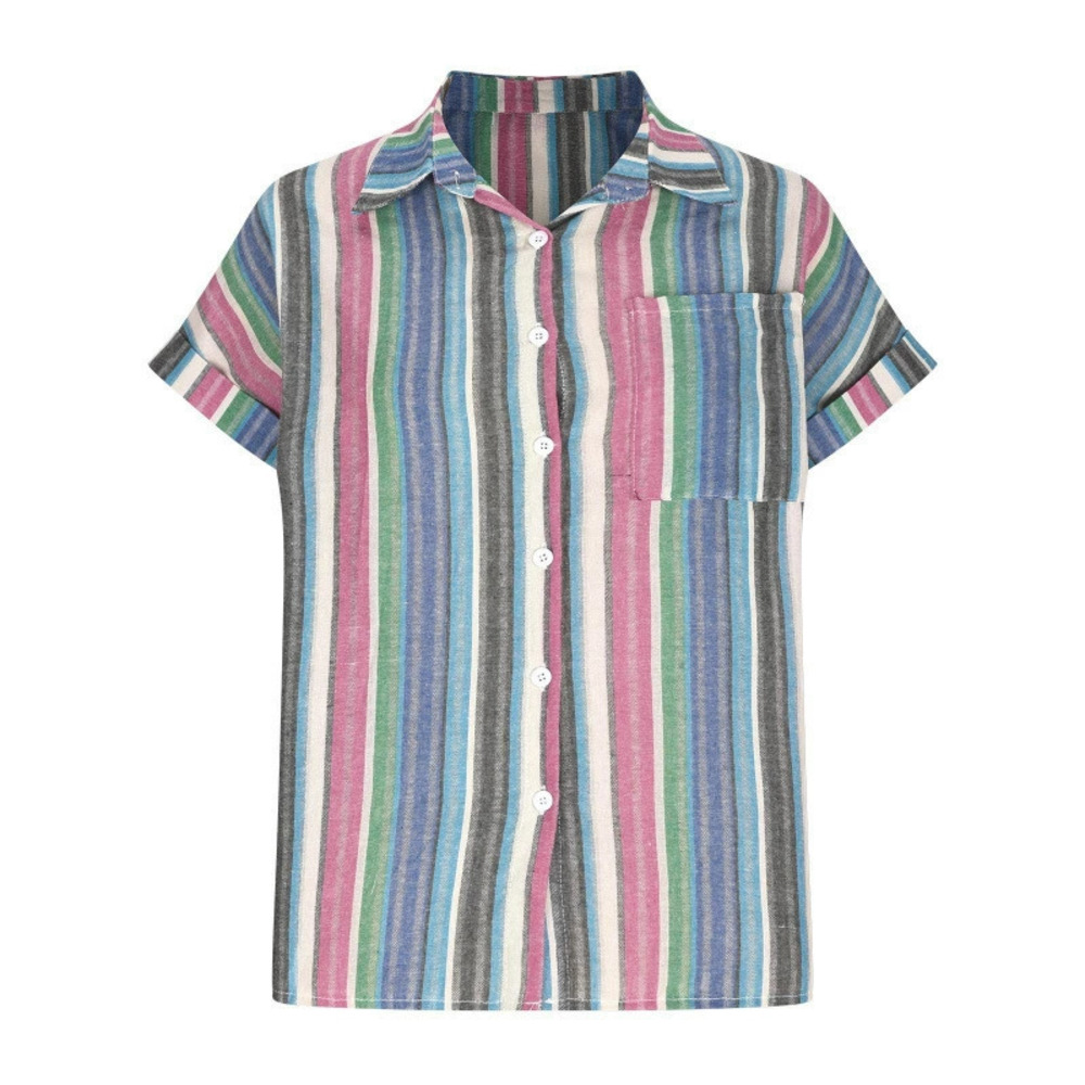 ZARA Womens Striped Single Breasted Short Sleeve Notch Lapel Casual Blouse Shirt